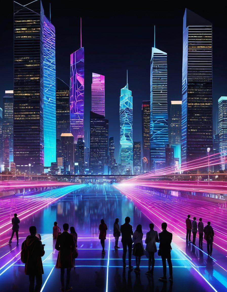 An abstract representation of voice waves blending seamlessly into digital sound frequencies, showcasing a diverse group of people communicating effortlessly in vibrant colors. Include modern technology elements like microphones and speakers subtly integrated into the design, with a futuristic city skyline in the background. The overall mood should be one of innovation and connectivity. super-realistic. vibrant colors. tech-inspired.