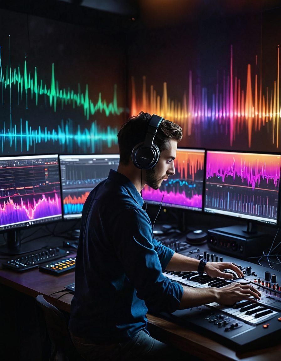 A creative workspace filled with sound design equipment, featuring a mixing console, headphones, and a computer screen displaying audio waveforms. In the foreground, an artist passionately adjusting knobs, with vibrant sound waves visually flowing around them. Include elements representing vocal sound like a microphone and vocal notes. The background should have abstract sound visualizations in colorful hues to enhance the theme of sound art. super-realistic. vibrant colors. digital art.