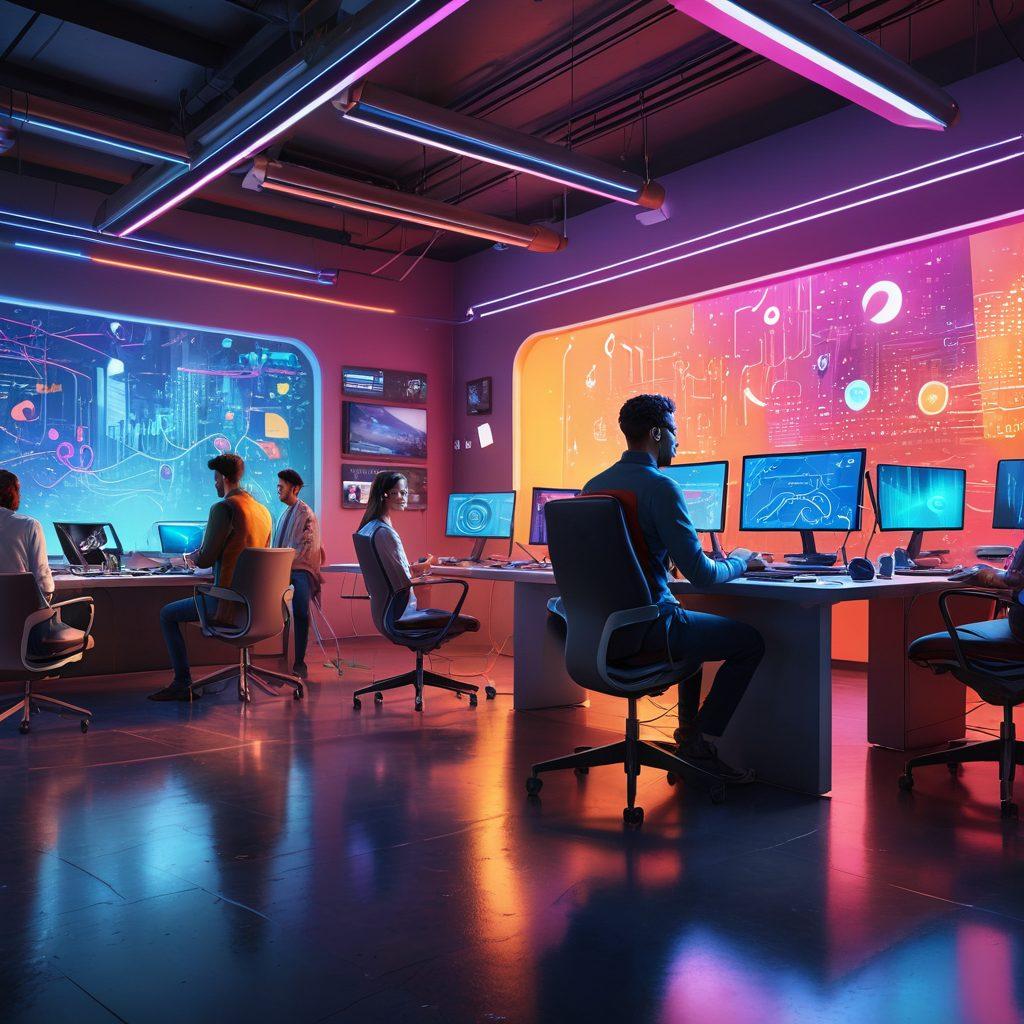 A dynamic scene depicting a futuristic workspace where diverse individuals engage in voice technology, showcasing smart devices and sound waves visually interacting around them. Elements of sound design, such as colorful sound waves, musical notes, and vibrant tech interfaces are integrated into the environment. The background highlights a blend of urban life and advanced technology. super-realistic. vibrant colors. 3D.